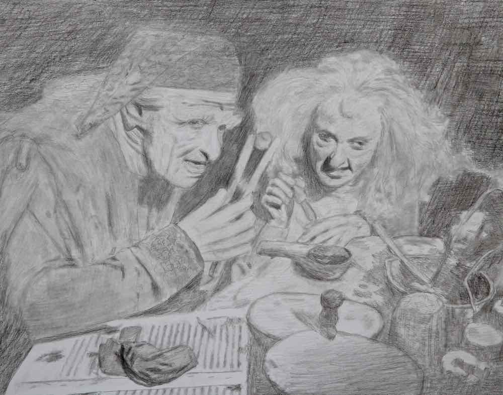 pencil drawing of Miracle Max & his wife